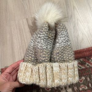 Beige grey cream pom winter hat